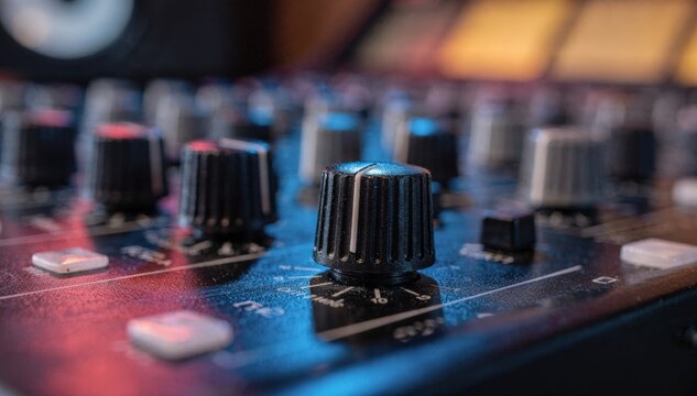 Close focal point on rotary knobs with colorful backlighting illustrating the intricate sound tweaking in a music broadcasting studio.