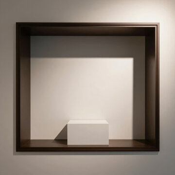 Square dark frame showcase box with white cube block podium product display 3d render