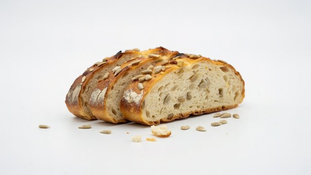 three slices of fresh sunflower seed sourdough bread on white surface