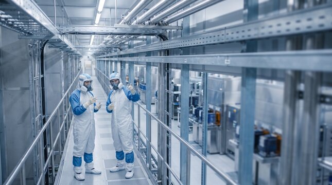 Engineers review infrastructure inside expanding chip facility