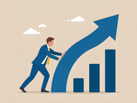 Businessman pushing a large blue arrow upwards, symbolizing business growth, success, and achieving financial targets
