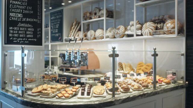 Defocused bakery counter background with glass display of pastries and chalk menu, soft bokeh shop; background backdrop copyspace calm.