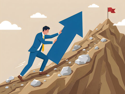 Businessman pushing a large blue arrow up a rocky mountain towards a red flag at the summit, representing business growth, success, and overcoming challenges