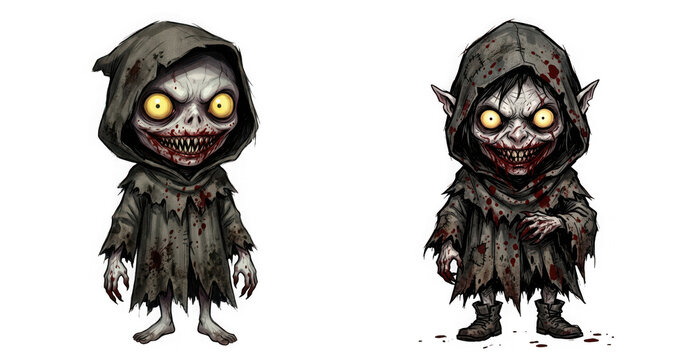 Two creepy horror goblin characters with bloody clothes and sharp teeth isolated on transparent background