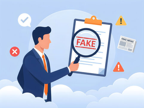 Fact checking concept, businessman holding a magnifying glass over a document with a fake stamp, vector illustration of verifying information and detecting misinformation