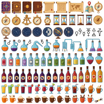 Set of vector wizard icons, magic potions, sci-fi ingredients, ancient spell books, navigational instruments, mystical hourlyglasses and alchemy equipment Halloween Editable SVG