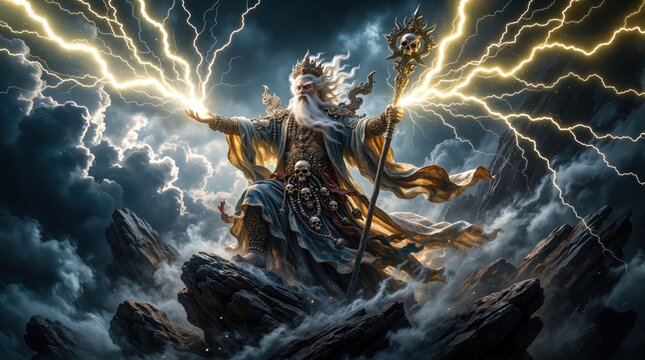 Old bearded god with crown and staff summons lightning bolts from stormy dark sky. Powerful deity stands on rocky peaks, surrounded by clouds and mist, conjures electric energy.