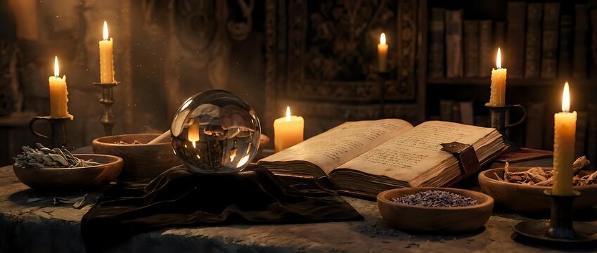 Mystical workspace with open ancient book, crystal ball, candles, and occult artifacts arranged on wooden table in candlelit setting for witchcraft, spirituality, and esoteric practices.
