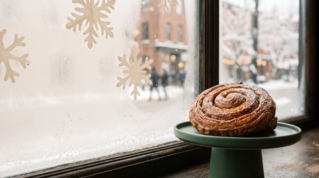 Fresh winter pastry glows beside a frosted bakery window