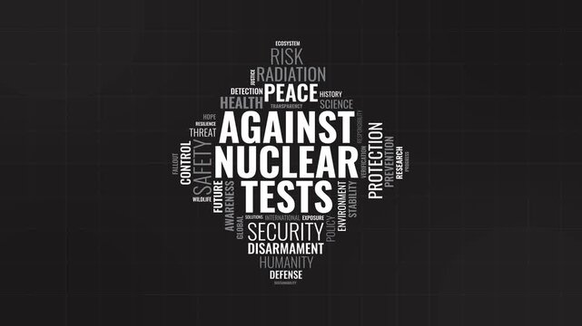Against nuclear tests word cloud animation with safety security and pe