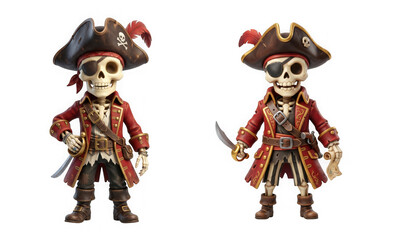Naklejka premium Two cartoon pirate skeleton action figures standing side by side isolated on transparent background