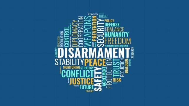 Disarmament word cloud animation with peace and security typography on