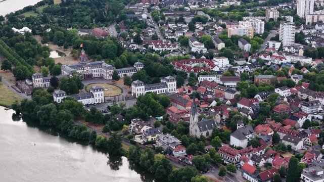  Aerial panorama view around the old town beside the city Hanau in Germany Hesse on a sunny summer noon