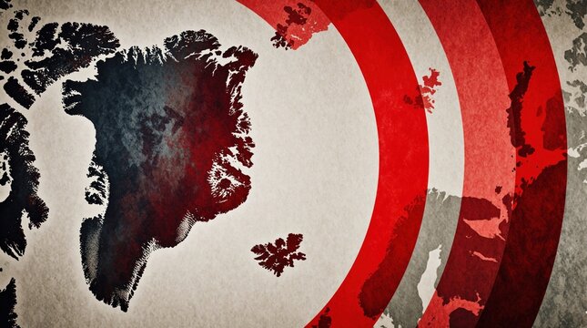 Abstract map of Greenland with North Pole region. Red concentric circles overlay vintage paper texture background. Concept of Arctic geopolitics territorial claims international relations. Modern