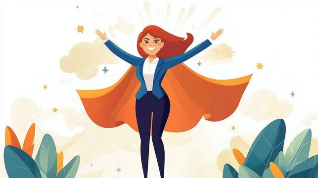 Empowered businesswoman superhero with orange cape, successful female leader celebrating achievement, professional woman in power pose for career growth