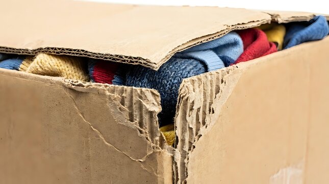 Torn cardboard box revealing colorful striped fabric inside, showing