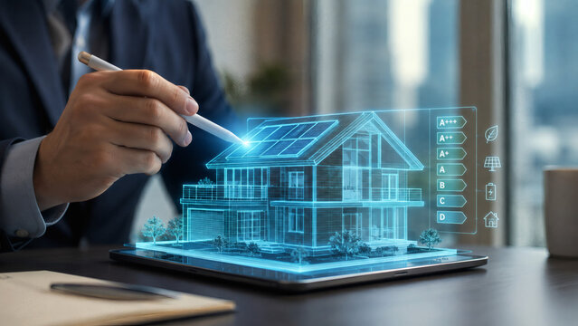 Real estate agent hands using tablet with floating 3D house blueprint hologram