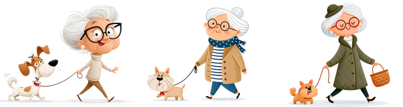 Cute cartoon elderly woman with a dog flat design illustration isolated on white background