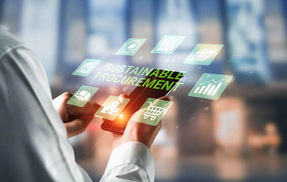 Hands holding smartphone with digital icons and sustainable procurement concept in a modern workspace highlighting environmental responsibility and business innovation Ledger.