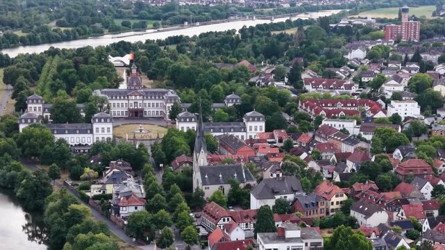  Aerial panorama view around the old town beside the city Hanau in Germany Hesse on a sunny summer noon