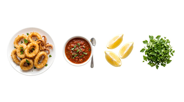 Crispy fried calamari rings on white plate, spicy tomato dipping sauce with lemon wedges and fresh parsley, Mediterranean seafood appetizer set