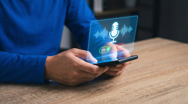 Futuristic voice recognition interface on smartphone, digital microphone hologram for podcasting and recording, smart AI assistant technology