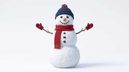 Fototapeta premium Cute Snowman Wearing A Blue Hat And Red Scarf With Red Mittens On White Background