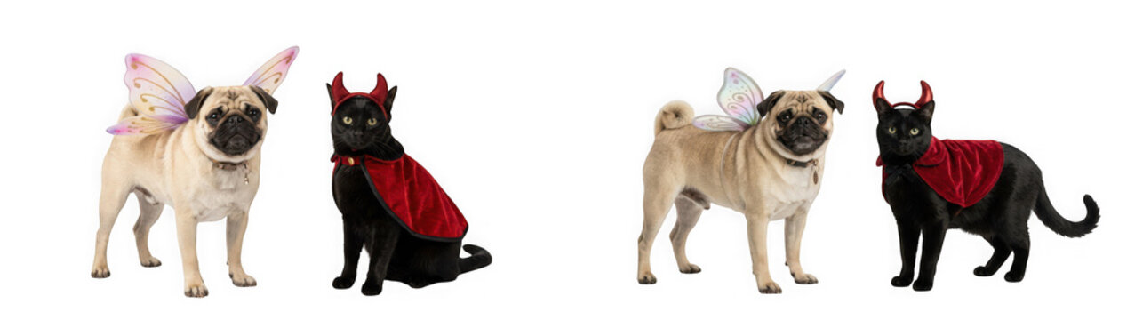 Pug dog with fairy wings and black cat with devil horns isolated on transparent background