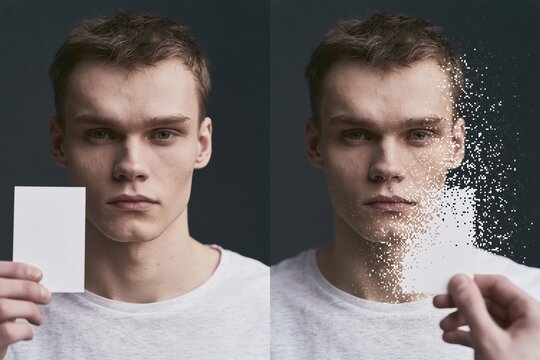 conceptual 3D illustration of two identical blank portrait cards, one sharp and realistic, the other subtly fragmented into digital pixels