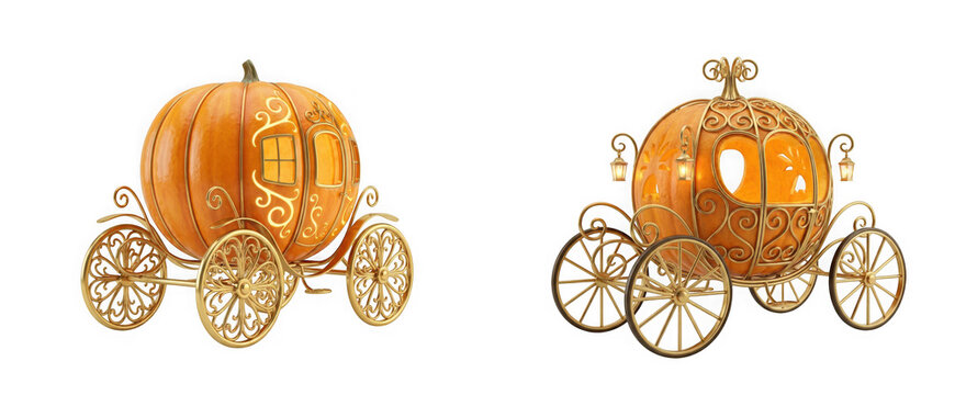 Two decorative pumpkin carriages isolated on transparent background
