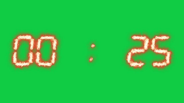 Neon countdown timer from thirty to zero seconds. Glowing red electronic clock, luminous numbers, timekeeping stopwatch.