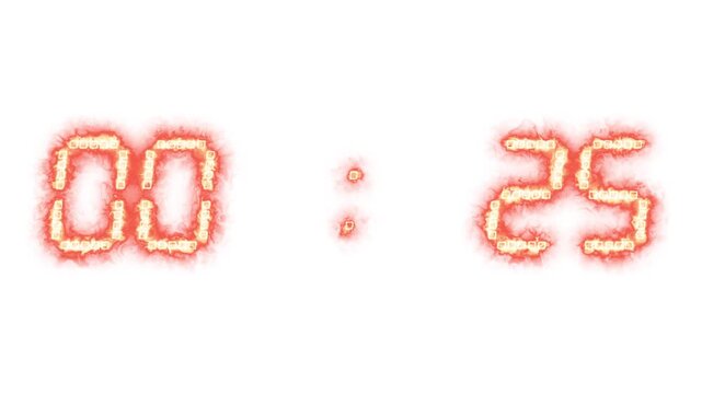 Thirty second countdown timer to zero. Glowing fiery red clock numbers. Burning energy text effect for deadline.