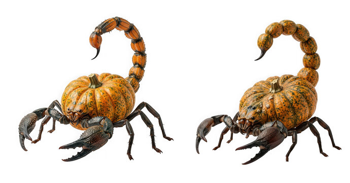 Two surreal pumpkin scorpions with textured orange bodies and dark pincers isolated on transparent background