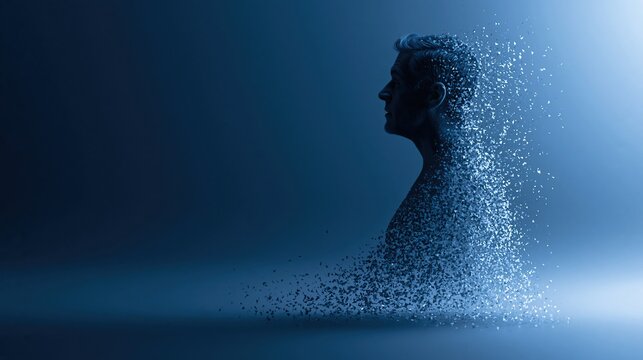 high-end conceptual illustration of a human silhouette gradually transforming into clean geometric pixels, dark blue background