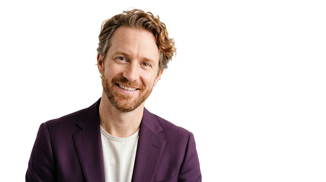 Man smiling at camera in purple jacket and white shirt. Bright background highlights his expression. Concept of fashion, communication, business