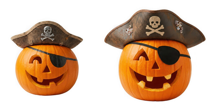 Two carved halloween pumpkins wearing pirate hats and eye patches isolated on transparent background
