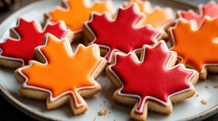 Fototapeta premium Maple leaf cookies in red and orange icing arranged on a plate. These festive treats are perfect for Canada Day celebrations and autumn gatherings. Enjoy these sweet baked goods.
