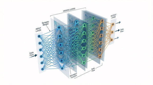 Neural network architecture diagram, deep learning model with input and hidden layers, artificial intelligence data flow visualization on white background