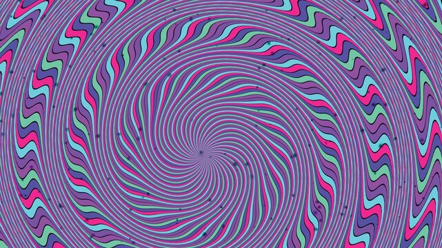 Hypnotic spiral background with wavy colorful stripes and textured overlay.