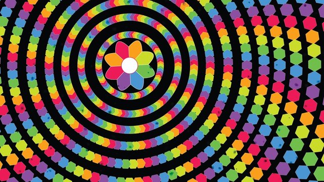 Concentric circles and hexagon pattern with colorful flower design on black background for visual art.