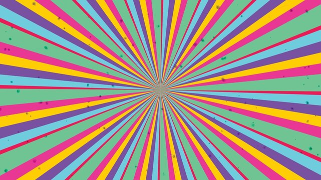 Colorful rainbow starburst background with multi colored radial stripes and subtle vintage paper texture.