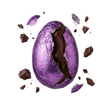 Cracked chocolate egg wrapped in purple foil isolated on transparent background