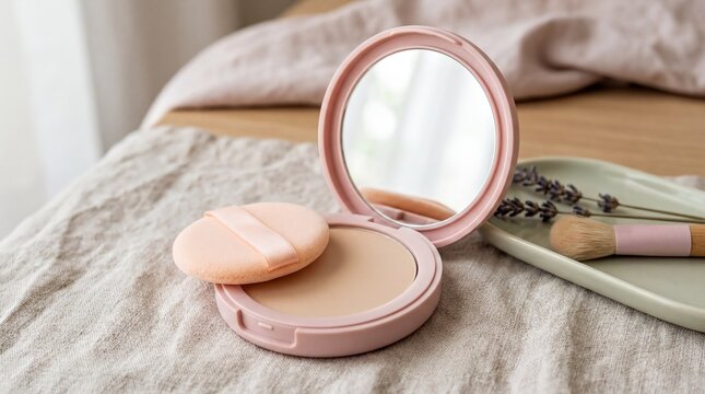 cosmetic accessories, a pastel compact powder case with a mirror elegantly arranged on a soft surface