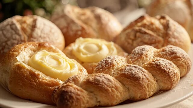 Assorted artisanal bread rolls and braided pastries on plate.