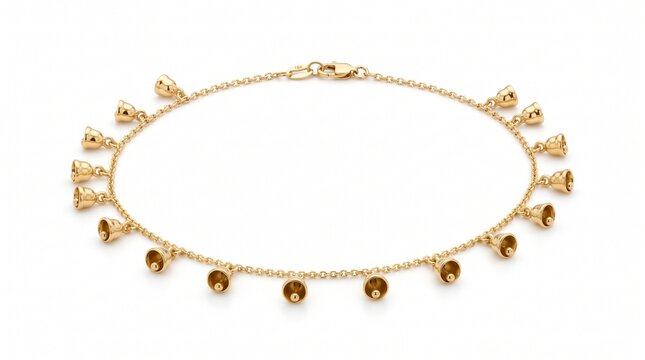 Elegant gold anklet with dangling bell charms, luxury yellow gold chain jewelry for women, traditional bridal ankle bracelet accessory isolated PNG with Transparent Background