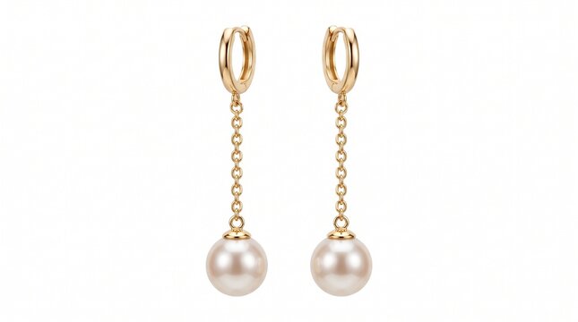 Elegant gold pearl drop earrings, luxury bridal jewelry with hanging chain, sophisticated white pearl earrings for wedding fashion and formal events isolated PNG with Transparent Background