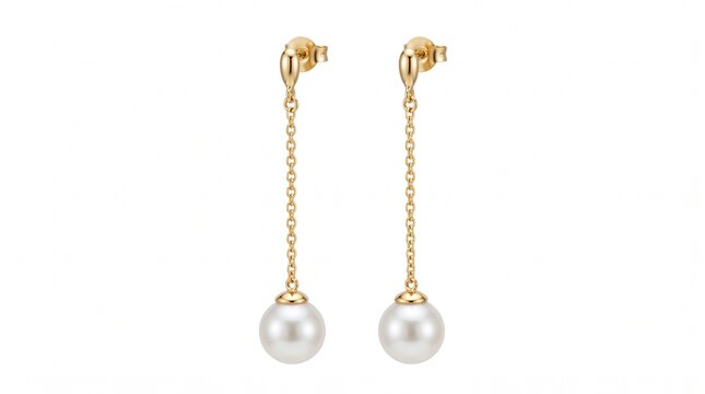 Elegant gold pearl drop earrings, luxury bridal jewelry with long gold chains, sophisticated white pearl dangling earrings for formal events isolated PNG with Transparent Background