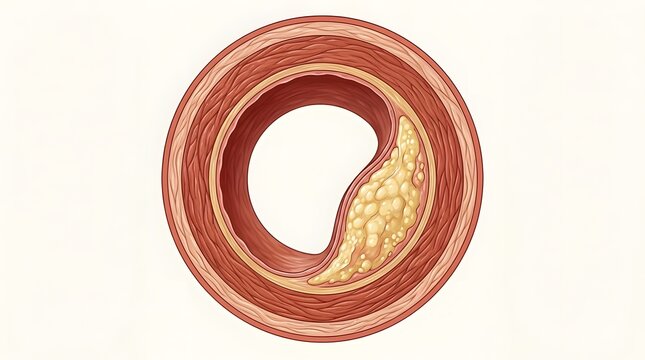A clear medical illustration of an artery cross-section with a significant lipid deposit inside.