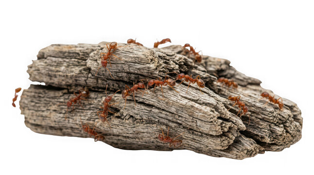 Group of red ants crawling on a piece of weathered wood isolated on transparent background