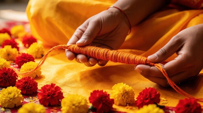 Hands prepare sacred orange thread for Hindu Yajnopavita ritual. Red and yellow flowers adorn bright cloth background. Ceremony signifies spiritual tradition and purity for important rite.